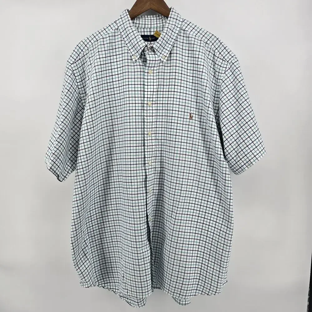 Polo Ralph Lauren White Check Flesh Pony Short Sleeve Button Down Shirt Men 2XB